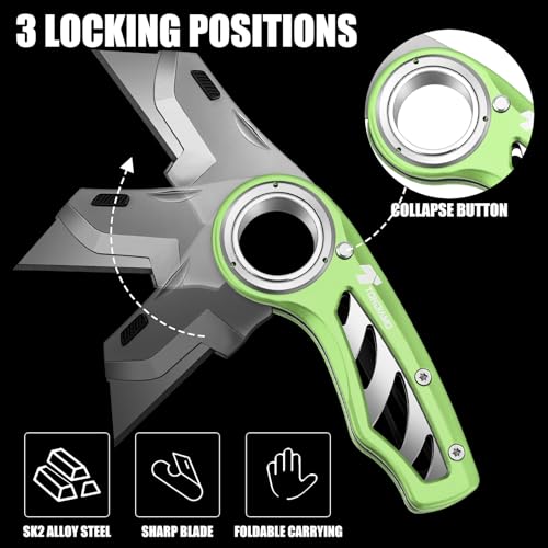 Image of Tondiamo 3 Pcs Folding Pocket Utility Knife Heavy Duty Box Cutter Folding Razor Knife with Anti Slip Finger Loop Easy Change Blades 3 Lock Positions Design (Red,Blue,Green)