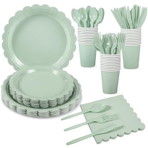 Xiangqu 175 Pcs Party Plates and Cups and Napkins Sets, 9' Easter Plates, 7' Dessert Plate, 9oz Cups & Cutlery, 25 Guest Scalloped Sage Green Party Supplies for Easter, Bridal Baby Shower, Birthday