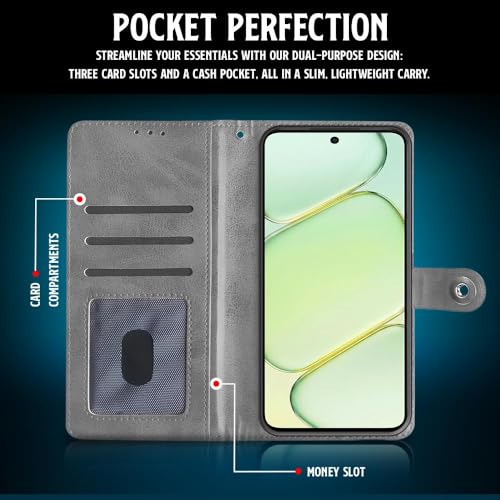 Image of WOW IMAGINE Shock Proof Flip Cover Back Case for 1+ OnePlus Nord CE 6 Lite 5G (Magnetic Button Flip Case | Wallet Pockets & Stand | Leather Finish | Stone Grey)