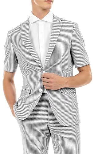 XDIELAN Free Customization Suit Tailored Mens 2 Piece Seersucker Suits, Short Sleeve Pinstripe Summer Wedding Suit for Men Slim Fit Graduation Black