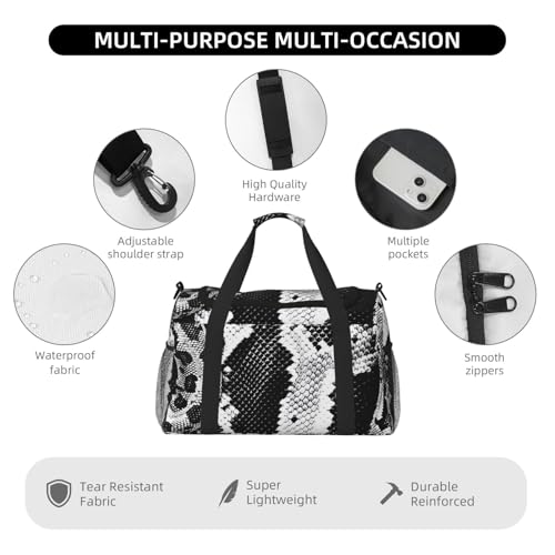 Snake Skin Black and White Printed Travel Duffle Bag for Men Women Large Sport Gym Bag Handbag with Shoulder Strap for Travel Weekend Fishing Hunting4