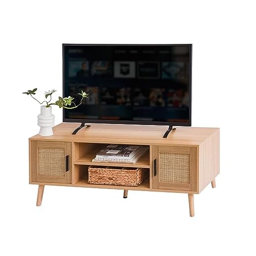 Labcosi Natural Rattan TV Stand for 55 Inch TV, Mid Century Modern TV Console with Open Storage Shelf and Doors, Entertainment Center for Living Room