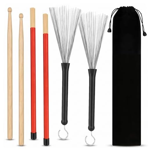 Drum Sticks 1 Pair 5A Maple Wood Drum Sticks,1 Pair Retractable Drum Wire Brushes and 1 Pair Rods Drum Brushes set for Kids, Adults, Rock Band, Jazz Folk Students with Portable Storage Bag