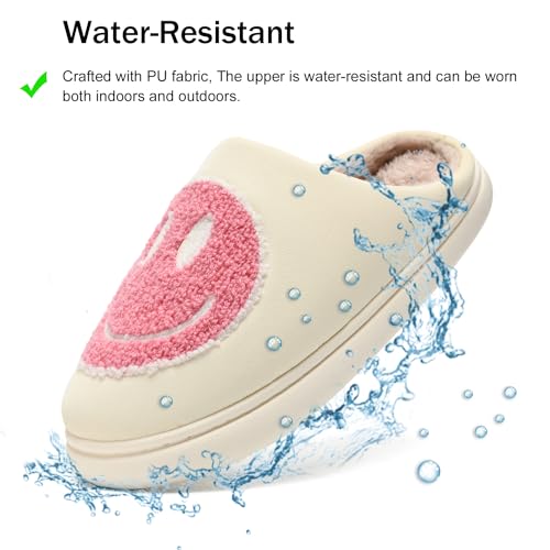 MOLATIN Cute smiling face Slippers for Women and Men，Women's Men's Retro Preppy Happy Face Slippers,Plush Slip-On Warm House Slipper for Winter,Non-slip PU Flat Slides4