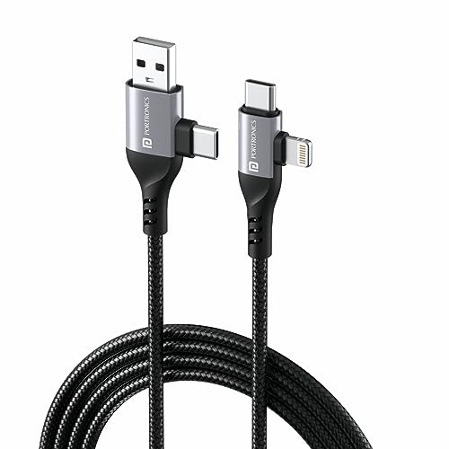 Portronics Konnect 4 in 1 Unbreakable Nylon Braided Multi Functional Fast Charging Cable with Fast Data Transfer,Compatible with All Type C Android Smartphone & Lighting Device etc.(Black)