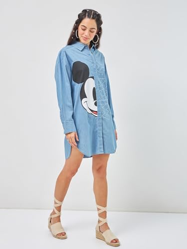 Bewakoof Official Disney Merchandise Women's Printed Super Loose Fit Full Sleeve Collared Denim Dress 603342 Blue 2Xl