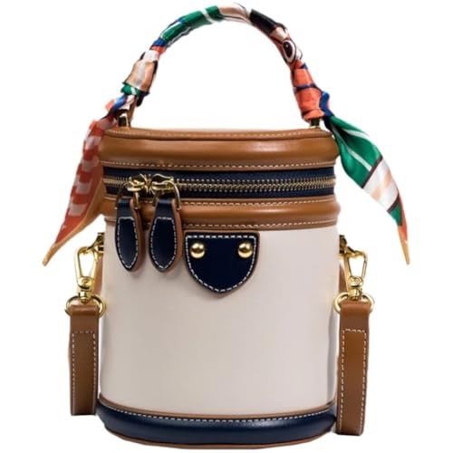 Bucket Bag Female Pu Leather Cylinder Bag Crossbody Round Bag Handle Handbag Retro Cylinder Shoulder Bag for Women