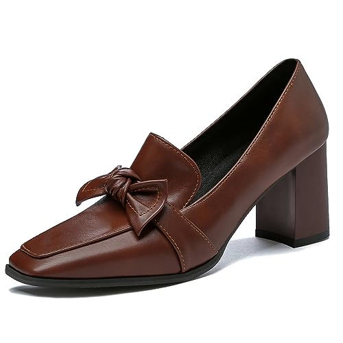 Women's Block Heel Slip on Loafer Square Toe Bow Pumps Elegant Bowknot Mary Jane