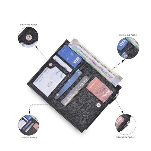 Image of Caprese Monique Small Textured Bifold Wallet for Women | Compact Handheld Purse with 6 Card Holder Slots | Slim Designer Wallet with Secure Snap Button & Zippered Coin Pocket (Black)