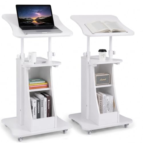 Image of POWERSTONE 2PCS Sit to Stand Mobile Lectern Teacher Podium Portable Height Adjustable Podium Stand Rolling Laptop Desk Cart with Storage Shelf Swivel Top for Classroom, Concert, Church White