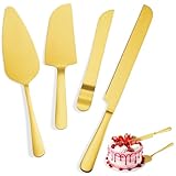 4 Pcs Gold Cake Cutting Set, Premium Cake Cutter & Pie Server Set for Wedding, Thickened Stainless Steel Cake Knife and Server with Rounded Edges, Pie Server Spatula Birthday Christmas Gift