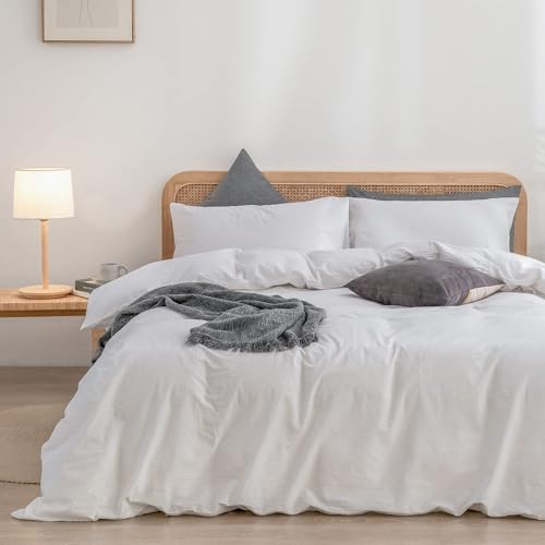 Image of BESTOUCH Cotton Solid Duvet Cover Set Linen Feel Bright White Alaska King | 100% Washed Cotton, Soft Wrinkle Texture, Hidden Zipper, 8 Ties, Breathable Lightweight Durable Comfy, 3 Pcs No Insert