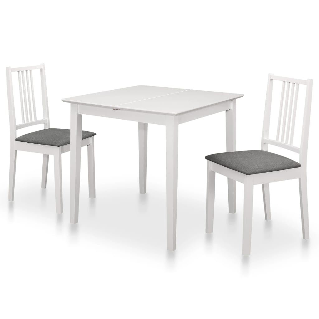 3-częściowy zestaw do jadalni, biały z litego drewna gumowego z blatem z płyty MDF, wysuwany stół do jadalni 80-120 cm, 2 wyściełane krzesła do kuchni, jadalni, posiłku z rodziną i gośćmi