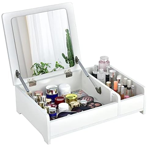 Tocador Compacto de Maquillaje COSTWAY con Espejo Abatible y Caja Multifuncional Cover