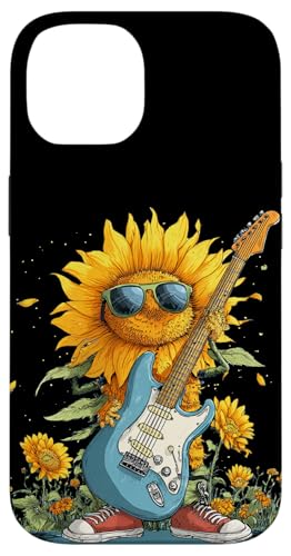 サングラスとエレキギターで揺れるひまわり スマホケース iPhone 14 用