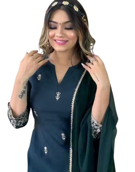 Women’s Embroidered Kurta Set with Dupatta, Teal Green, V-Neck, 3/4 Sleeve, Ethnic Wear