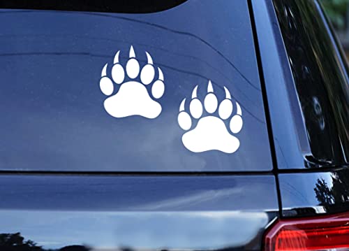 Outdoor/Indoor (2 Pack) 5.5\" Bear Paws Print Tracks Hunting Vinyl Decal Sticker - Die Cut No Background for Laptop, IPad, Window, Wall, Car, Truck, Motorcycle (White)