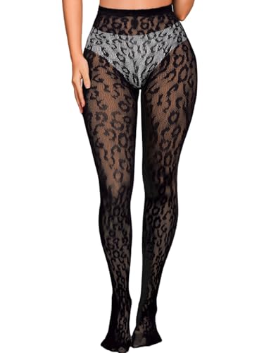 EHSUYAB Women Sexy Leopard Print Lace Tights Cheetah Patterned Pantyhose Leggings Sheer Fishnet Stockings Club Rave Outfits Black One Size