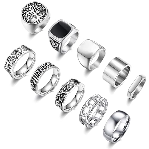 10 Pcs Men's Stainless Steel Vintage Signet Ring Square Pinky Thumb Chunky Thin Band Ring Vintage Biker Band Rings Set 7-13