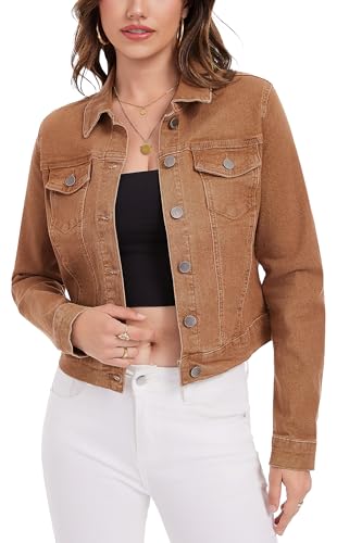 andy & natalie Womens Jean Jacket Stretch Cropped Button Down Denim Jackets Fitted Classic Jacket with Pockets Medium Brown