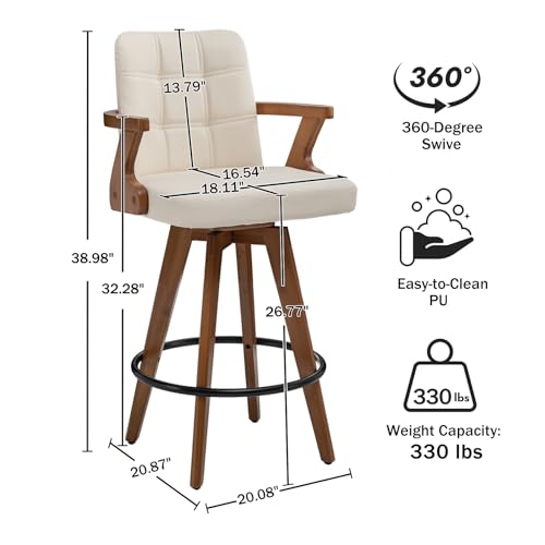 Butaco MEKLIBA de 26 pulgadas, tapizado en cuero sintético, con respaldo y brazos, giratorio, para isla de cocina, set de 3 unidades, color beige miniatura 2