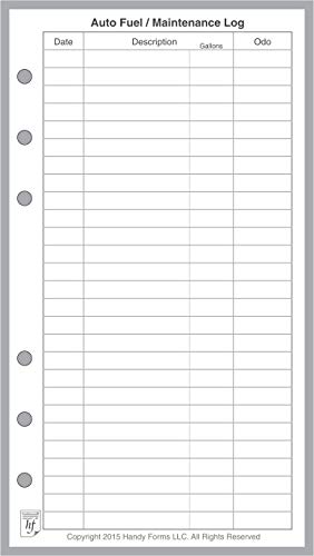 Personal Size Auto Fuel and Maintenance Log, Sized and Punched for Filofax Personal Notebook (3.7" x 6.75")