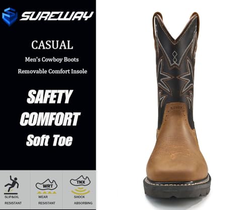 SUREWAY Cowboy Boots - Men’s Square Toe Work Boot,Pull On Leather Wellington Boots,Comfortable Durable Classic Slip Resistant Soft Toe Western Boot - slip on4