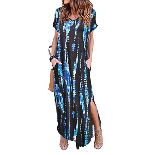 Arolina Women Summer Maxi Dress Short Sleeve V Neck Casual Loose Long Split Dresses Beach Vacation Sundress with Pockets Blackblue X-Large
