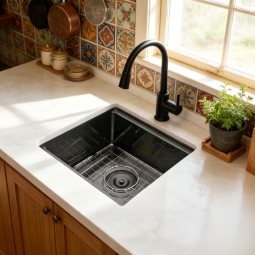 Image of 15x15 Inch Black Undermount Bar Sink Workstation, Gunmetal Black Stainless Steel Single Bowl 16 Gauge Handmade Small Kitchen Prep Wet Bar Sink RV Outdoor Sink with Cutting Board