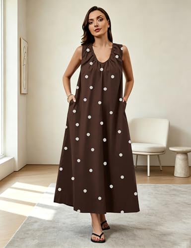 Image of Women Flowy Maxi Dress Ruched Sleeveless Long Dress Vacation Fashion Summer Casual Loose Fit Sundress with Pockets