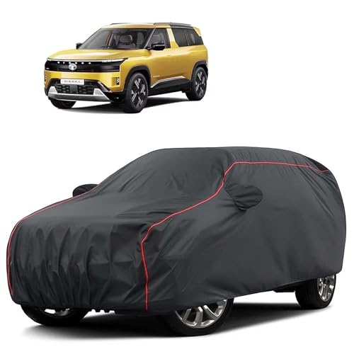 Image of Sulfar 100% Water Resistant Car Body Cover Compatible with Mirror for Tata Sierra (Triple Stitched, Full Bottom Elastic, Dark Grey Tafetta with Red Piping)