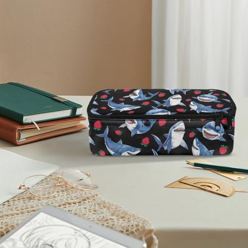 Image of Kids Pencil Case Shark Strawberries Pencil Pouch Large Storage,Black Pencil Bag for Boys Girls Lightweight Pencil Container for Preschool Elementary Children Pencil Box for Daily Study