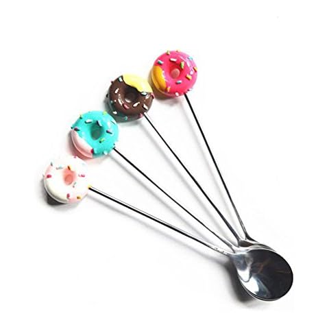 Tangser Little Teaspoons Cute Doughnut, Stainless Steel Coffee Spoon, Sugar Funny Spoons, Baby Kids Tableware, Dessert Spoon, Multi-Functional Kitchen Tools Set (4 Colors, 4pcs) Cover