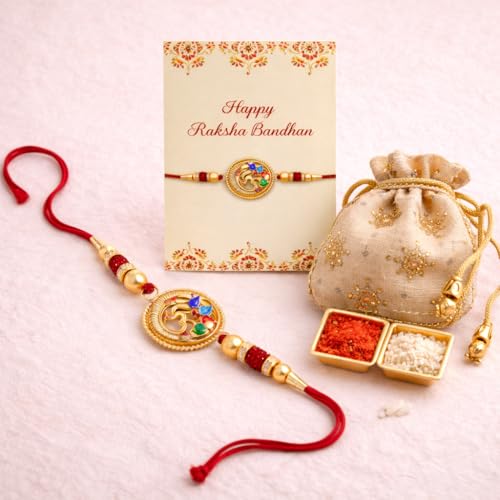 Image of JAIPUR ACE Designer Gold Plated Om Rakhi with Multicolor Stones - Premium Raksha Bandhan Thread for Brother, Elegant Ganesha Rakhi with Red String, Beads & Festive Traditional Finish (Golden Om rakhi)