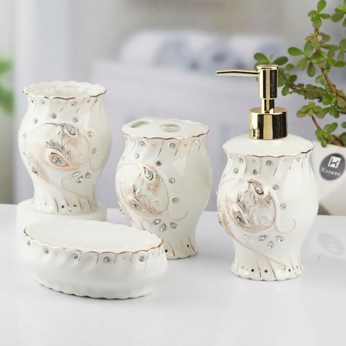 Image of Kookee Ceramic Bathroom Set - Stylish 4 Piece Bath Accessories Kit with Soap Dispenser, Toothbrush Holder, Tumbler & Soap Dish - Modern & Designer Decor, White /Silver /Gold (10102)