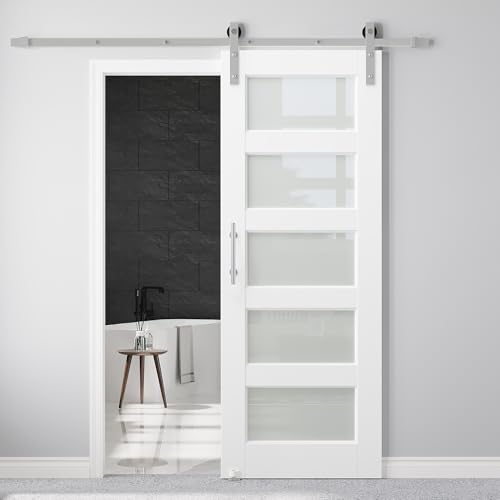 28x80 White Glass Barn Door and 6FT Brushed Nickel Track,Handle,Floor Guide