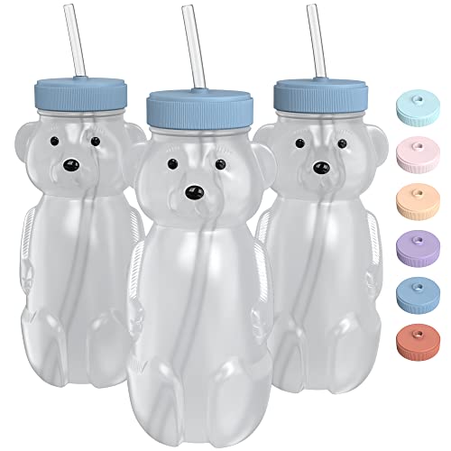 Image of The 730 Project Honey Bear Straw Cup for Babies, 8-oz Honey Bear Cup with Lid, 3-Pack Therapy Learning Honeybear Straw Cup, Baby Honey Bear Bottle Set, Blueberry Pie BLUE