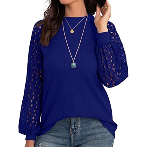Blusa IWOLLENCE de manga larga para mujer con encaje y cuello redondo Cover