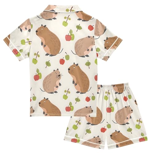 ALAZA Capybara Green Fruit Leaf Satin Pajamas Set Short Sleeve Button Down Sleepwear Summer Pjs 2 Piece2