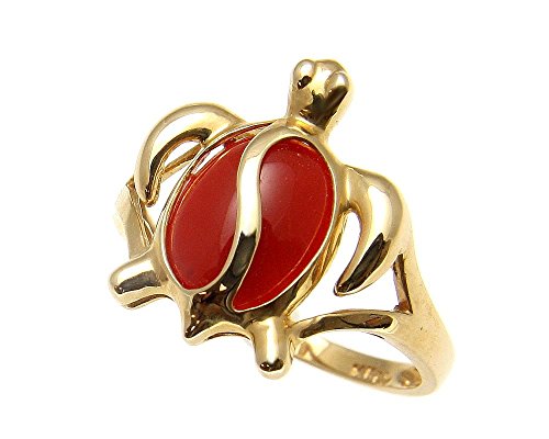 Genuine natural red coral ring Hawaiian honu turtle solid 14k yellow gold size 5 to 122