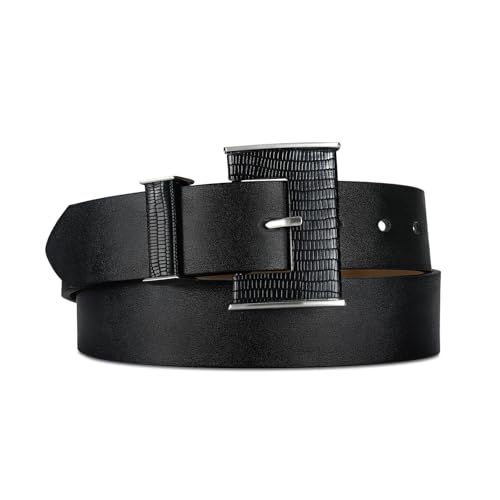 RISANTRY Women Belts Adjustable Black Leather Belt Women with Silver-Trimmed