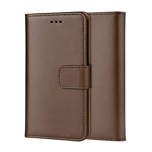 ameego MK-209 Premium Genuine iPhone 5/5S/SE Real Leather Flip Wallet Magnetic Kickstand Slim Book Case with Card Slot (Brown)