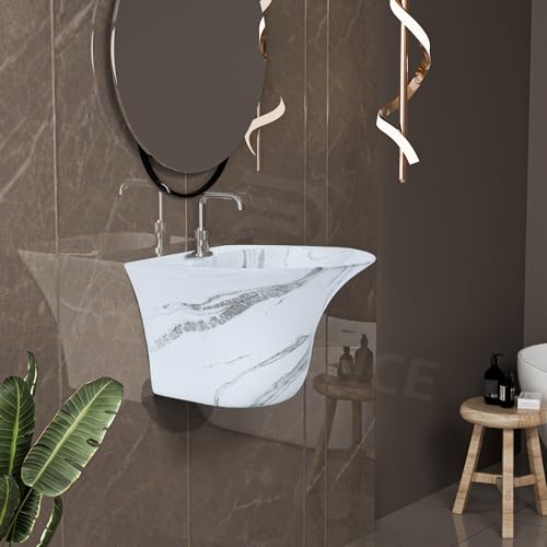 Image of REMANENCE Luxury Wall Mount Half Pedestal Wash Basin for Bathroom | Designer Wall Hung Basin | Wall Mounted Washbasin for Resturent, Hotels (16 x 16 x 11 Inch) (Designer Grey)