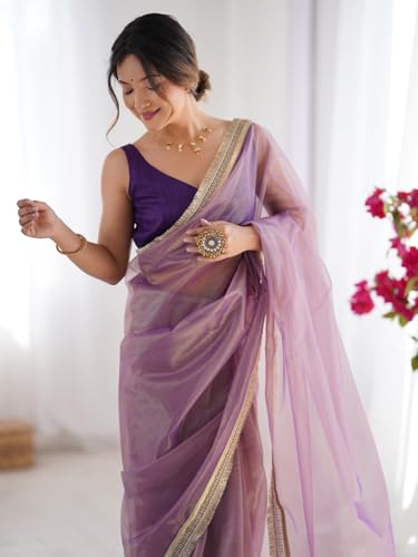 Image of AKHILAM Women's Shimmer Net Solid Saree With Unstitched Blouse Piece