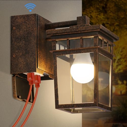 Image of Dusk to Dawn Outdoor Lighting, Porch Light with GFCI Outlet and LED Bulb | Exterior Wall Fixture with Clear Glass Shade, Waterproof Outside Lights for House Garage Front Door, Antique Bronze