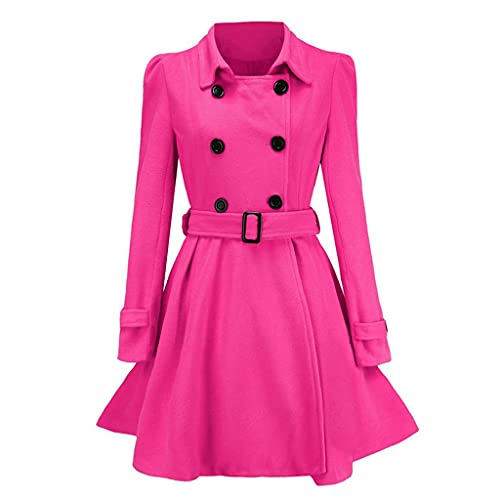 Kcocoo Women Swing Double Breasted Wool Pea Coat With Belt Buckle Spring Mid-Long Long Sleeve Lapel Dresses Outwear Jackets(Hot Pink,L) #TOP20