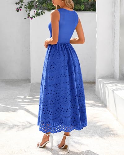 Image of dowerme Women Summer Dresses 2026 Casual Sleeveless Crewneck A-Line Boho Lace Eyelet Cotton Tank Maxi Dress with Pockets