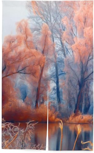 のれん 秋の森 風景 絵画 芸術 暖簾 カーテン おしゃれ 間仕切り 遮光 目隠し ロング 断熱 つっぱり棒 突っ張り棒 伸縮棒付き 86*143cm インテリア 喫茶店 居酒屋 飾り付け 装飾 34x56inch