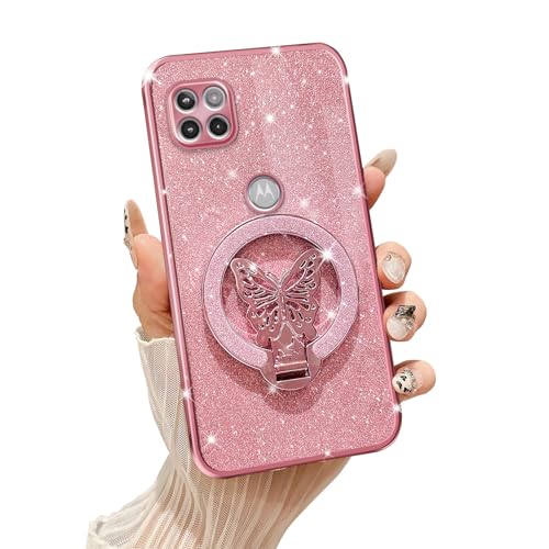 Tesazxcn Phone Case for Motorola Moto One 5G UW Ace [Compatible with Magsafe] with Butterfly Kickstand & Lanyard Soft TPU Bling Shockproof Protection Cover for Moto One 5G Ace (2021) Case, Rose Gold