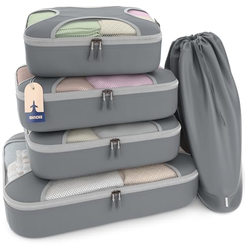 Shacke Premium 5 Packing Cubes Set - Lightweight Mesh Travel Luggage Organizers with Laundry Bag, 5-Piece Suitcase Storage System (Charcoal Gray)